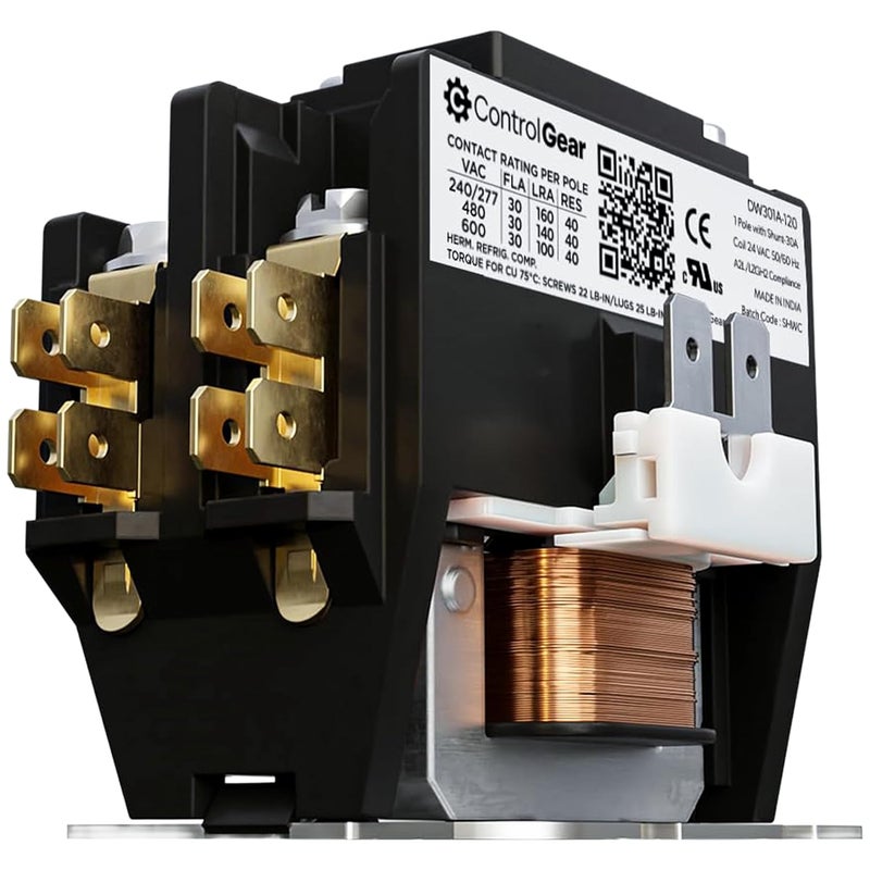 ControlGear Store 1 Pole Definite Purpose Contactor 24V Coil, 30 Amp Definite Purpose, UL Recognized and Approved for use with A2L Refrigerants, Line Lugs, Load Screws, DW301A-12 (1P 30A 24V Coil) - Image 1